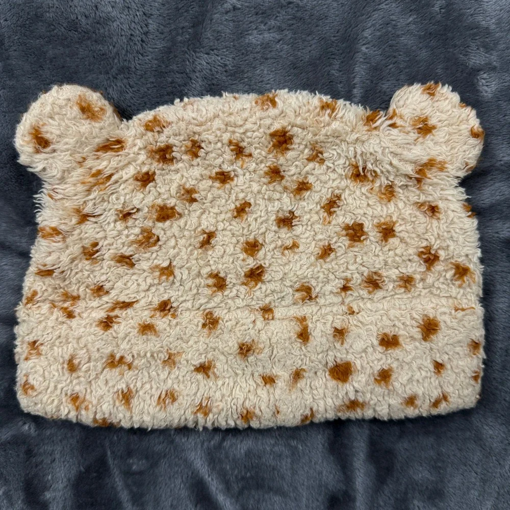 Patagonia Beanie Baby OS Cream Brown Spotted Fleece Bear Ears Hat